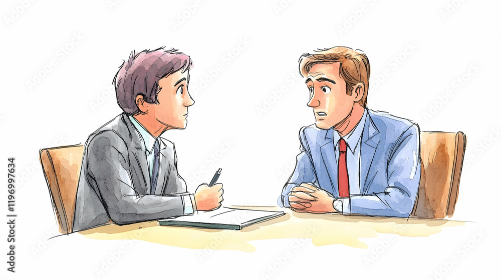 Whimsical 2D drawing of an attorney mediating a dispute, with vibrant expressions and a plain white background Whimsical 2D drawing of an attorney mediating a dispute, with vibrant expressions and a plain white background