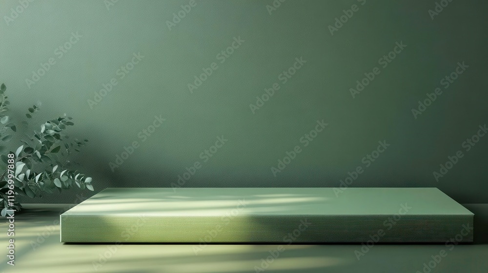 A minimalist display area with soft lighting, featuring a textured surface against a muted green background, complemented by subtle plant elements. A minimalist display area with soft lighting, featuring a textured surface against a muted green background, complemented by subtle plant elements.