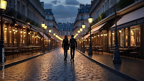 Couple Walking Hand in Hand Down a Romantic Parisian Street at Dusk with Warm Street Lights and Cobblestone Path

 photo