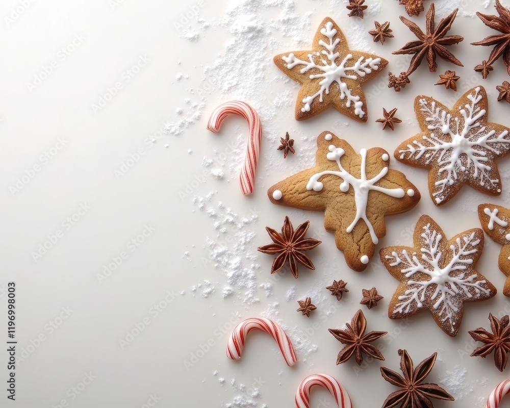 Fototapeta premium Deliciously decorated gingerbread cookies shaped like snowflakes and other festive designs arranged beautifully with candy canes and star anise on a light background