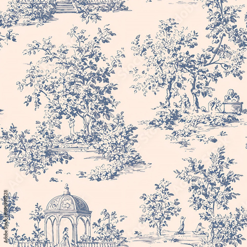 toile de Jouy design featuring an English garden scene