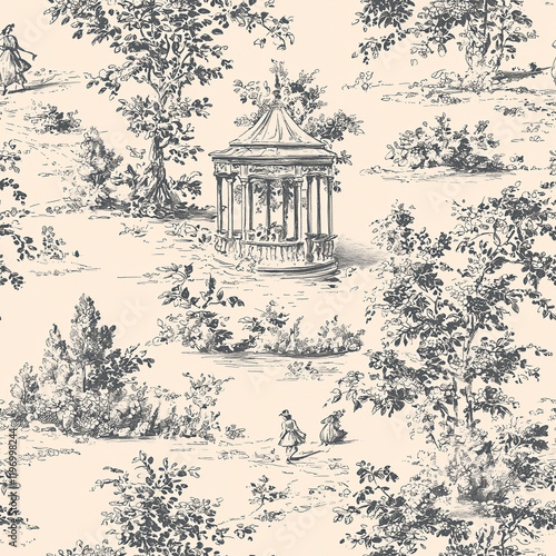 toile de Jouy design featuring an English garden scene