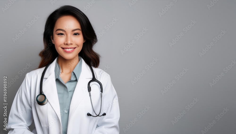 Confident female doctor in white coat against light grey background for healthcare marketing Confident female doctor in white coat against light grey background for healthcare marketing