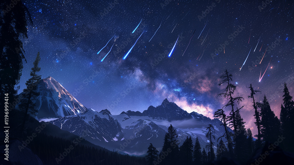 Meteors lighting up the midnight sky, with their trails illuminating a peaceful, forested mountain range. Meteors lighting up the midnight sky, with their trails illuminating a peaceful, forested mountain range.
