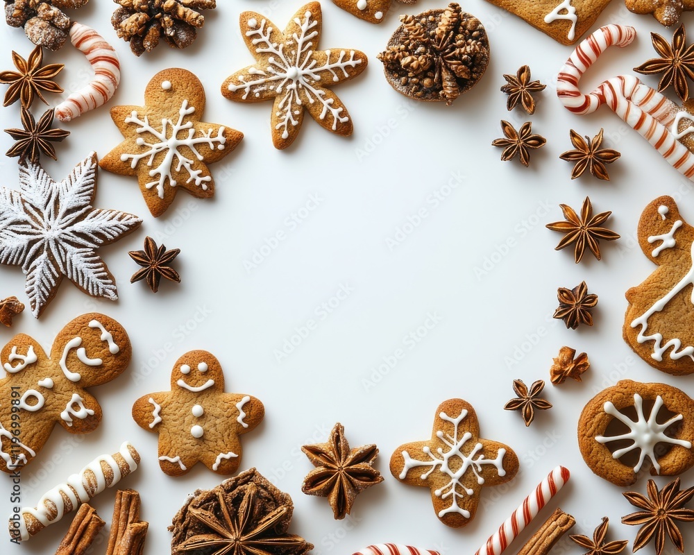 Fototapeta premium Festive Arrangement of Gingerbread Cookies and Christmas Treats Surrounded by Spices and Decorations Ideal for Holiday Celebrations and Baking Inspiration