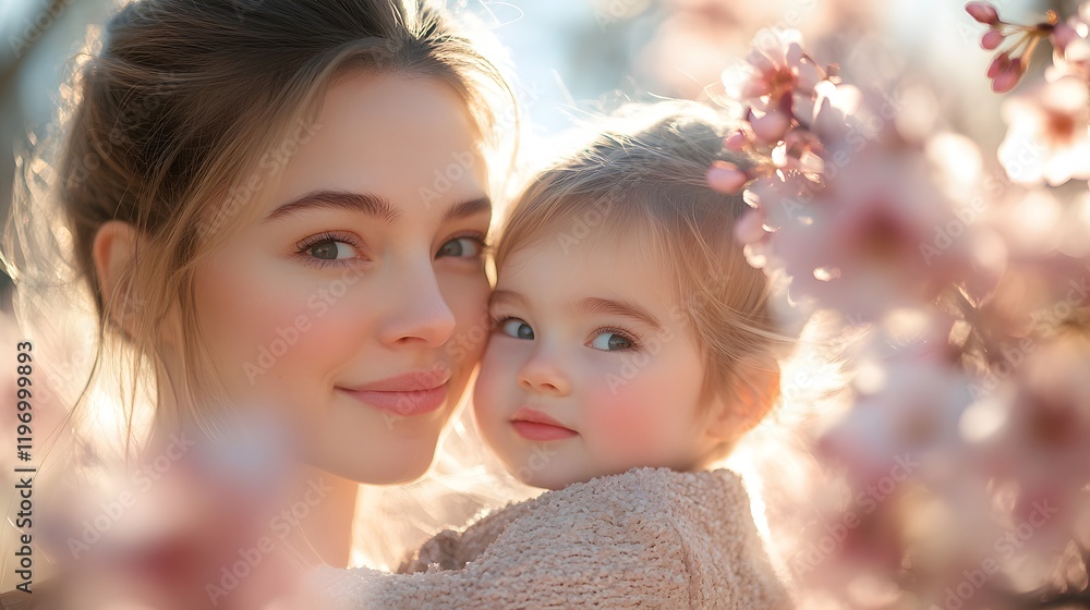 Obraz premium A mother and child admiring cherry blossoms while enjoying a sunny spring day in a park