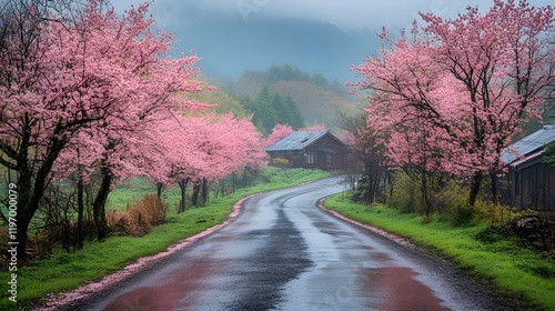 Wallpaper Mural A peaceful countryside view with cherry blossom trees blooming along a small village road Torontodigital.ca