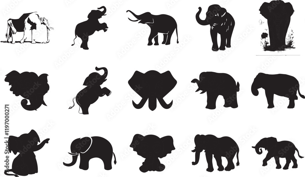 Naklejka premium Elephant Silhouettes set of elephant silhouettes. Elephant shadow hand drawn. Flat vector illustration
