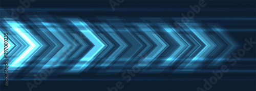 Blue technology arrows on dark futuristic abstract background. High-speed movement concept dynamic motion blue hi tech digital arrows. Technology vector illustration for banner or poster design.