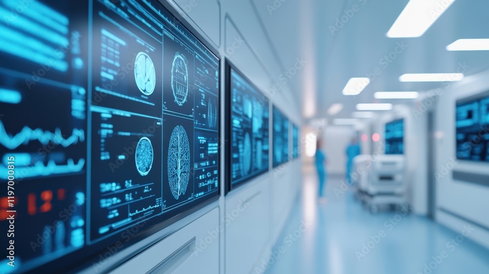 Advanced Medical Technology in a Modern Hospital Corridor with Digital Displays and Healthcare Professionals Advanced Medical Technology in a Modern Hospital Corridor with Digital Displays and Healthcare Professionals