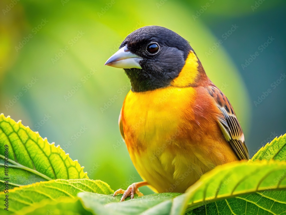 Black-headed Bunting Hidden in Lush Foliage - Nature Stock Photo Black-headed Bunting Hidden in Lush Foliage - Nature Stock Photo