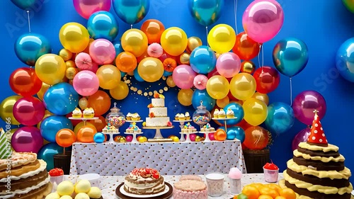 Colorful Birthday Party with Vibrant Balloons, Cakes, and Sweet Treats in a Fun and Festive Atmosphere

 photo