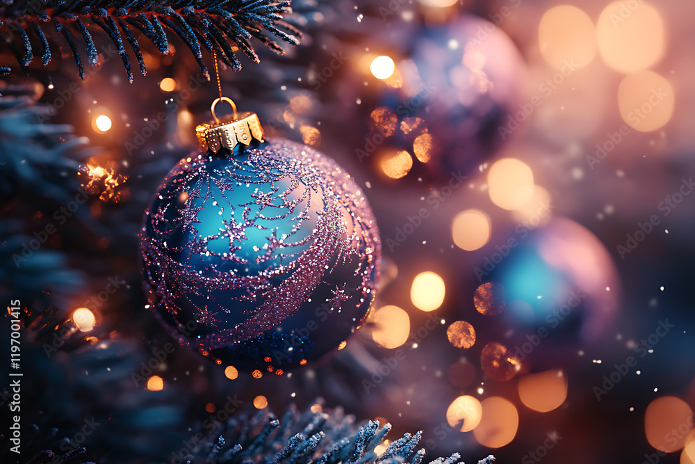 Close-up of a beautifully decorated Christmas tree ornament surrounded by soft glowing lights Close-up of a beautifully decorated Christmas tree ornament surrounded by soft glowing lights