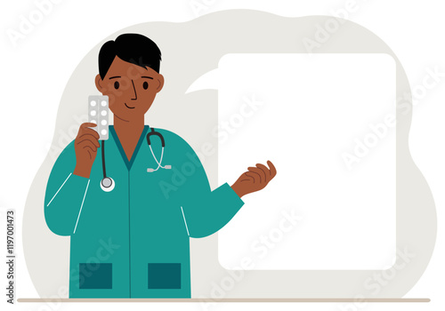 A male doctor holds pills in his hand. There is space for text next to it.