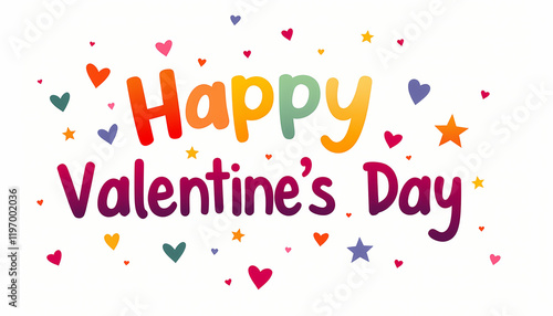 Vibrant Rainbow Happy Valentine's Day Typography with Playful Hearts and Stars