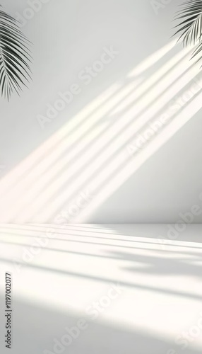 White wall with soft light streaks and palm tree shadows. Minimal scene with light and shadow.