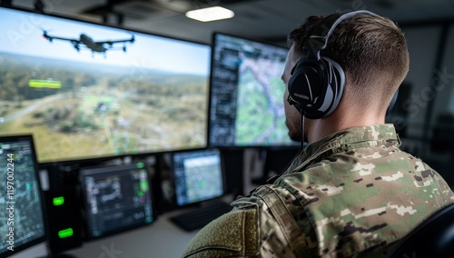 Military command center with large screens showing maps and drone footage