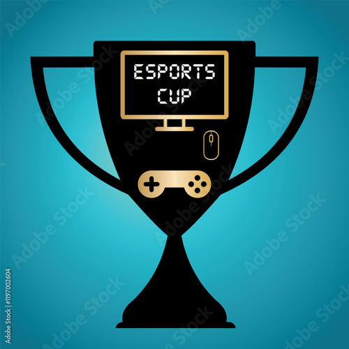 Silhouette of a trophy with a golden gaming joystick, a mouse and a computer screen with the text esports cup