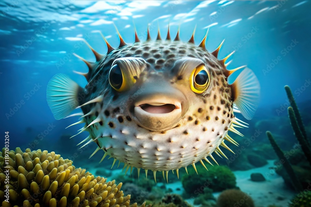 Close-up Documentary Shot of a Pufferfish Inflated, Underwater Scene Close-up Documentary Shot of a Pufferfish Inflated, Underwater Scene