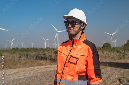 Wind turbine engineer man working in wind power site photo