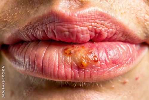 Close-up of a Mouth Corner Blister: Skin Lesion and Cold Sore Detail photo