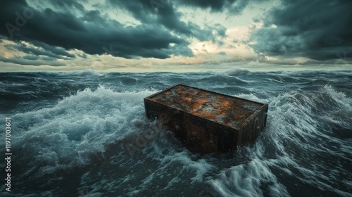 Abandoned Rusty Box Floating in Stormy Ocean Waves Under Dark Clouds