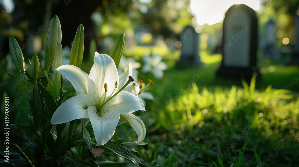 Obraz premium White Lily Blooms in Peaceful Cemetery Sunlight Graveyard