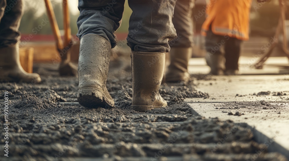 Workers are collaborating to pour fresh concrete on a construction site, their sturdy boots covered in wet material as the sun sets, casting a warm glow on the scene Workers are collaborating to pour fresh concrete on a construction site, their sturdy boots covered in wet material as the sun sets, casting a warm glow on the scene