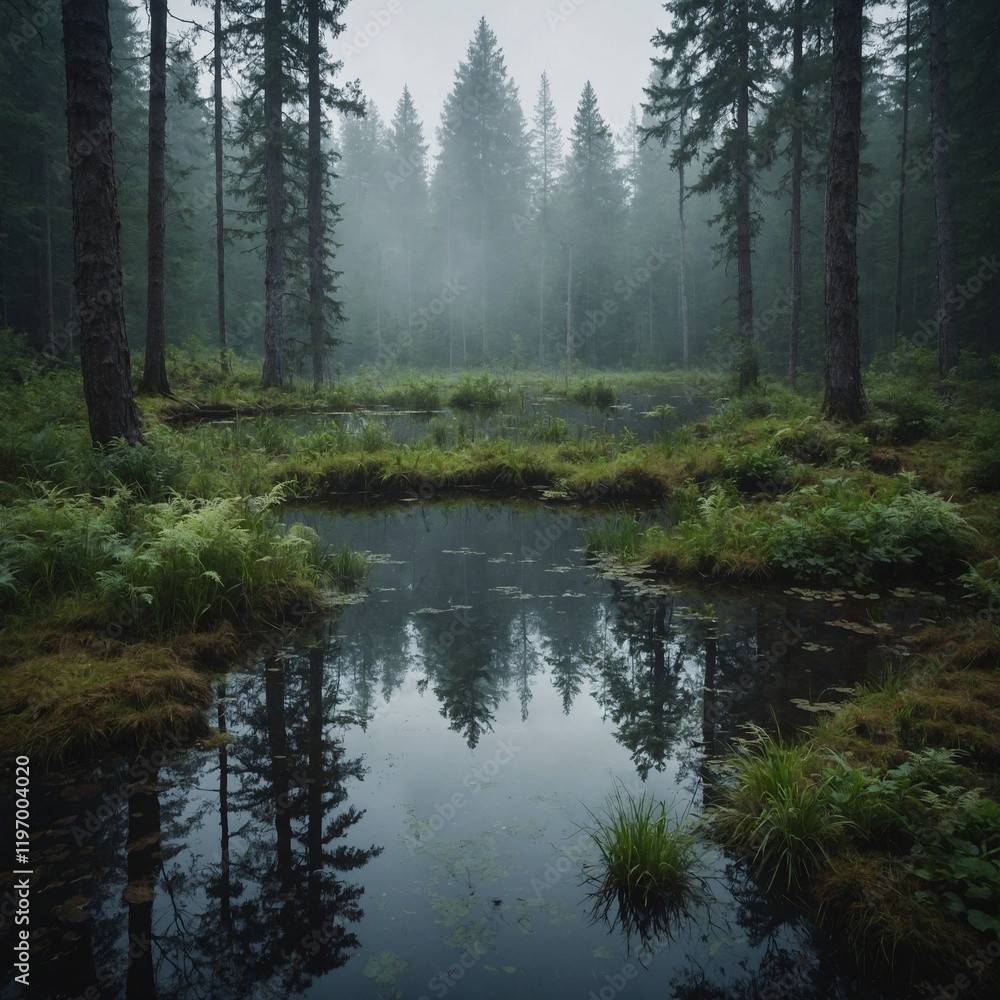 Fototapeta premium A small pond nestled in a forest clearing, with a subtle white mist in the background.