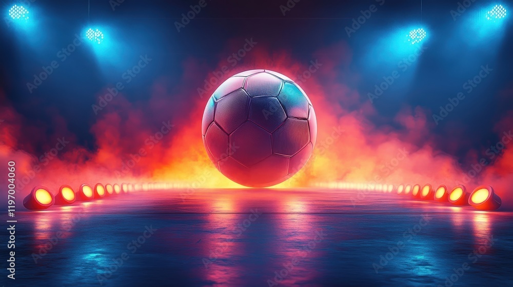 Naklejka premium Dramatic Soccer Ball Illuminated by Bright Lights in a Stadium with Colorful Smoke and a Powerful Atmosphere