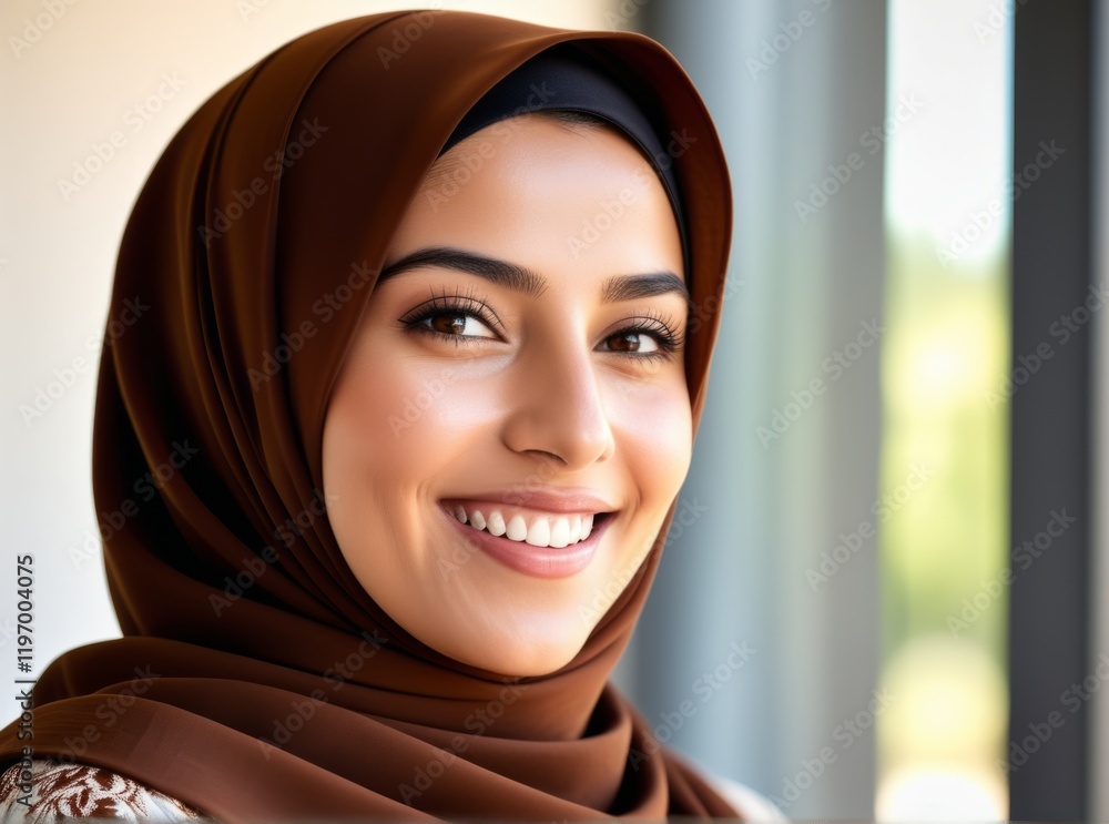Young woman smiling while wearing a brown hijab indoors during daylight Young woman smiling while wearing a brown hijab indoors during daylight