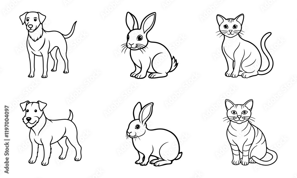 Pet Illustrations Collection in Line Style. Dogs, Rabbits and Cats Pet Illustrations Collection in Line Style. Dogs, Rabbits and Cats