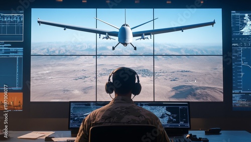 Military command center with large screens showing maps and drone footage