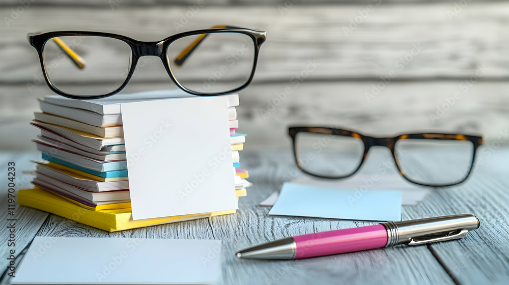A creative workspace featuring a stack of blank sticky notes, a pen and a pair of glasses A creative workspace featuring a stack of blank sticky notes, a pen and a pair of glasses