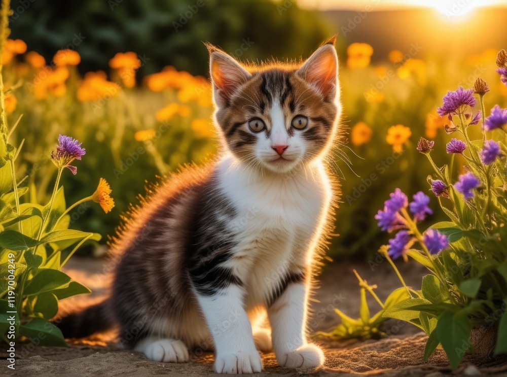 Playful kitten surrounded by colorful flowers at sunset in a garden setting Playful kitten surrounded by colorful flowers at sunset in a garden setting