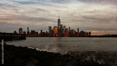 One World Trade Center. WTC memorial. Lower Manhattan view. View from New Jersey. New York City skyline. New York skyline of World Trade Center.