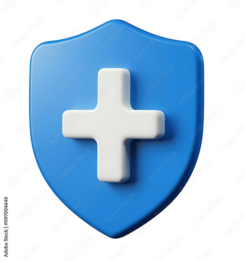 Obraz premium Blue Shield Icon White Cross Medical Protection Healthcare Safety Security Symbol Digital Graphic Design Element 3D Render Illustration Medical Insurance Health Protection Safeguard Digital Asset