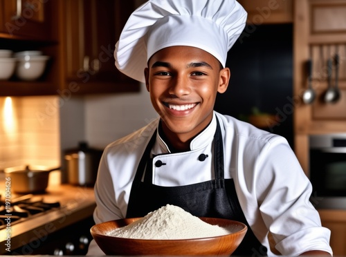 Young chef smiles proudly while holding a bowl of flour in a modern kitchen during a culinary activity photo