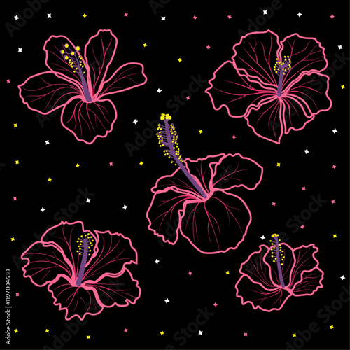 Outlined tropical hibiscus flowers. Vibrant pink hibiscus flowers outlined in neon style on a black background, accented with small colorful stars. Perfect for textile design, wallpapers, and digital 