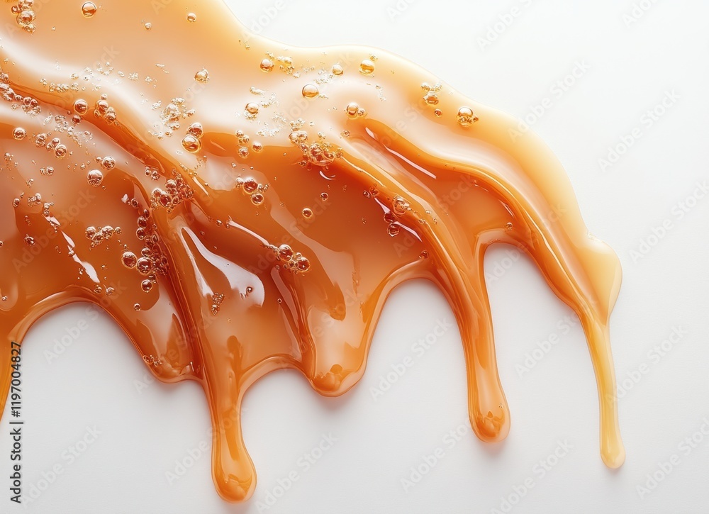 Naklejka premium Smooth, Glossy Stream of Honey Dripping on White Surface, Capturing the Natural Sweetness and Rich Texture of This Delicious Liquid Ingredient for Culinary Uses