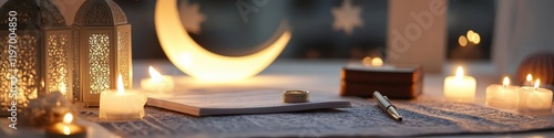 Ramadan Scene with Quran and Candles Glowing, Crescent Moon. photo