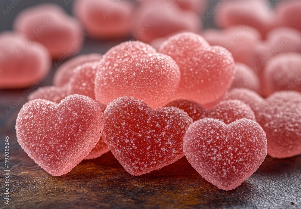 Obraz premium Sweet and Colorful Pink Heart-Shaped Gummies Covered in Sugar Sprinkles with a Beautifully Blurred Background Ideal for Celebrating Love and Affection