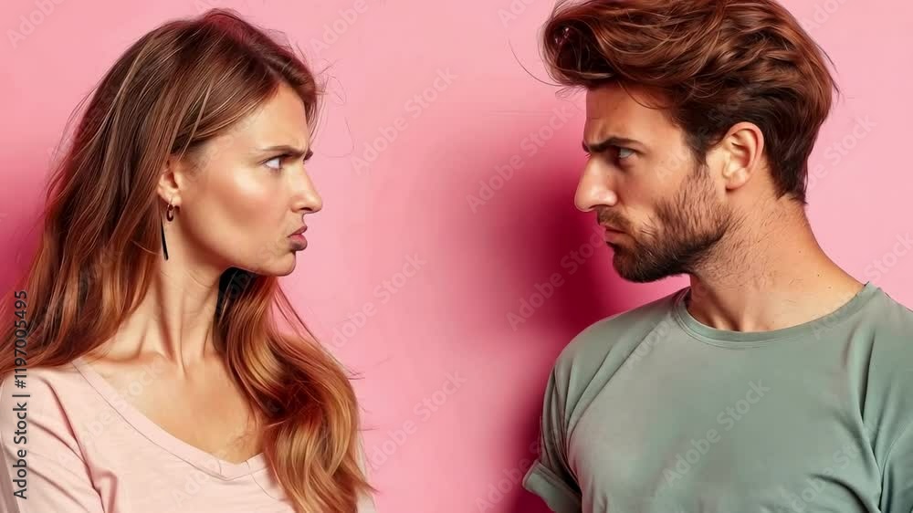 A young man and woman with serious expressions arguing with each other against a pink background. Relationship issues, conflicts, communication challenges A young man and woman with serious expressions arguing with each other against a pink background. Relationship issues, conflicts, communication challenges