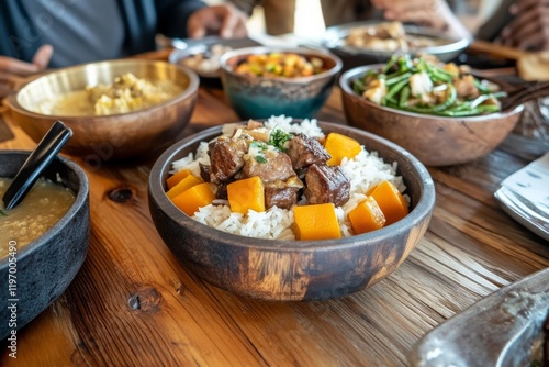 Assortment of traditional Zulu dishes with rice in bowls and plates