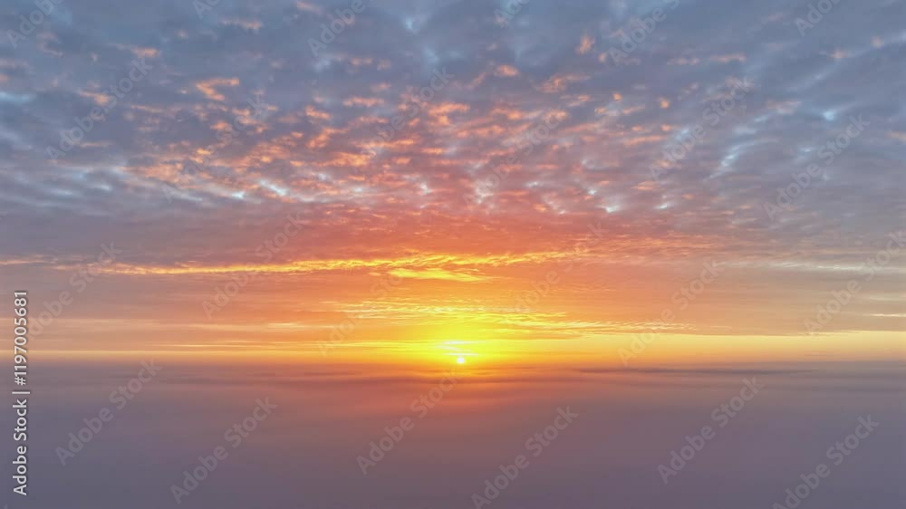 Timelapse vibrant sunrise sunset above cloud layer of fog or mist Timelapse vibrant sunrise sunset above cloud layer of fog or mist