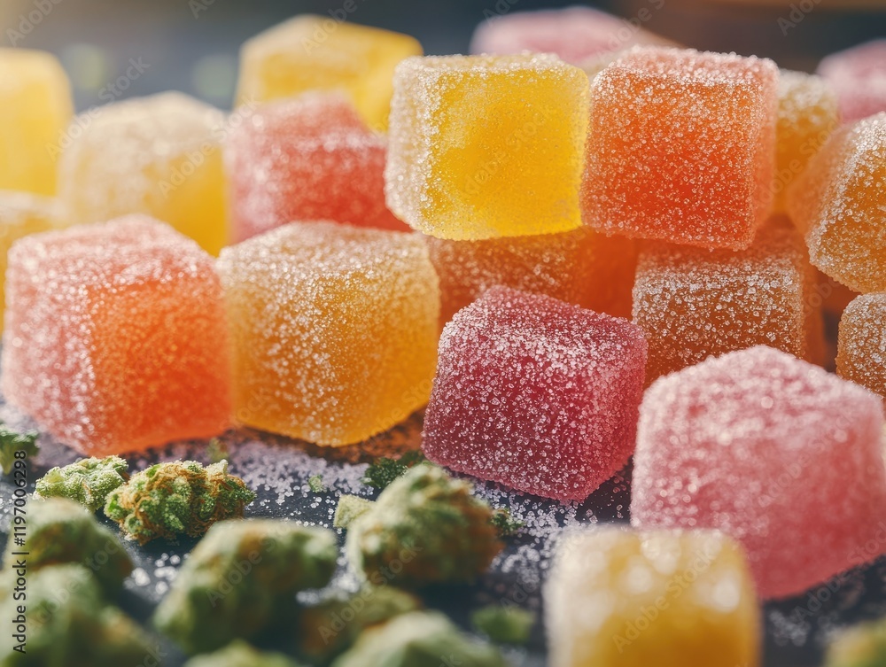 Vibrant and Colorful Candy Gummies with Sugar Coating Surrounded by Green Herbal Elements in a Stylish Arrangement on a Dark Background Vibrant and Colorful Candy Gummies with Sugar Coating Surrounded by Green Herbal Elements in a Stylish Arrangement on a Dark Background