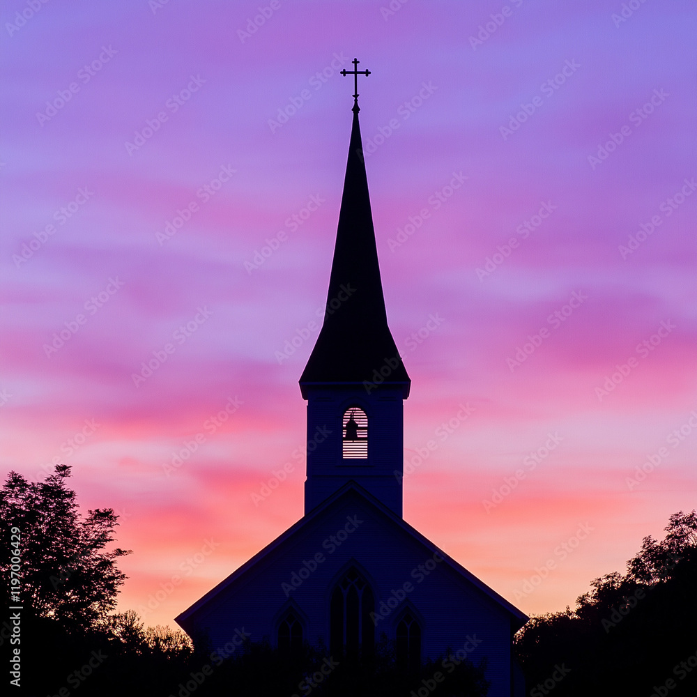 Obraz premium Dramatische Silhouette einer Kirche vor einem farbenfrohen Sonnenuntergang