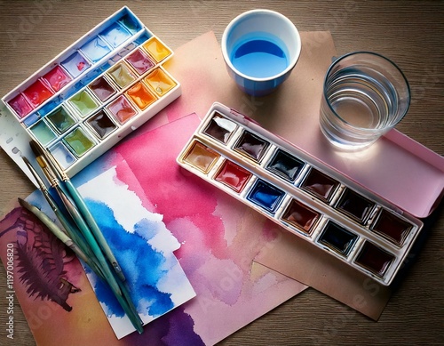 Aquarellfarben Mock-Up – Kreative Malutensilien und Farbproben im DIY-Stil photo