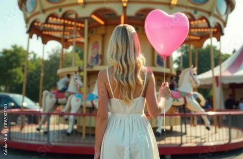 A woman with blond hair in a white dress holds a pink balloon in her hands against the background of a carousel