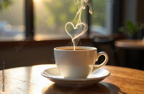 There is a white cup on a saucer on a wooden table, steam in the shape of a heart is coming out of the cup